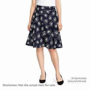 Precis Petite 8P Navy White Abstract Fit & Flare Skirt Office-Core